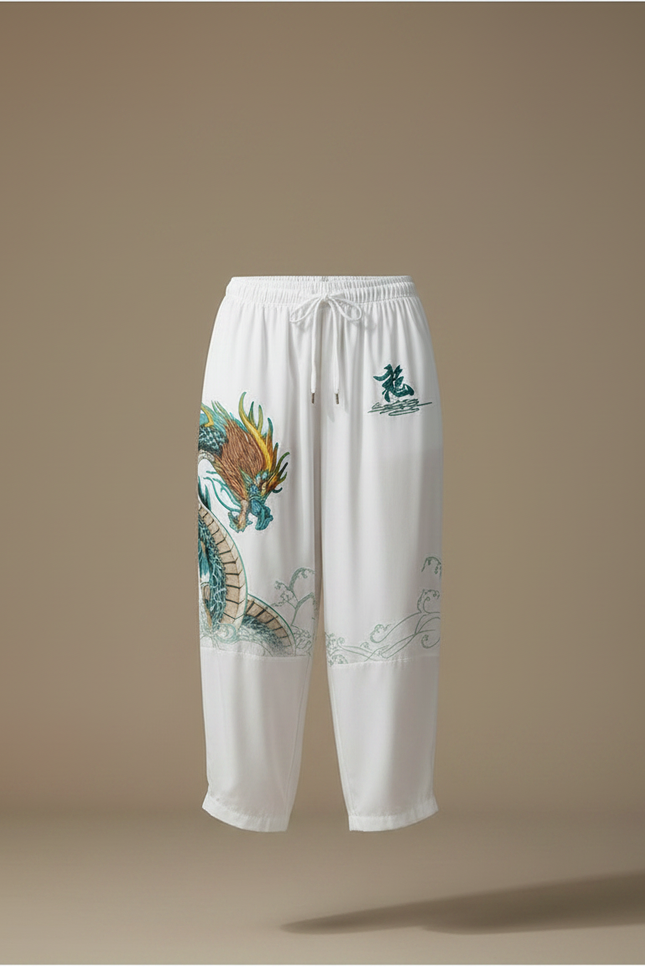 Pantalon Japonais Blanc Dragon Ample Fluide Coton - vue 3