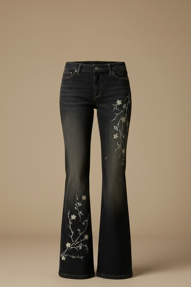 Pantalon Japonais Noir Délavé Brodé Floral Évasé Femme - Jean - vue 3