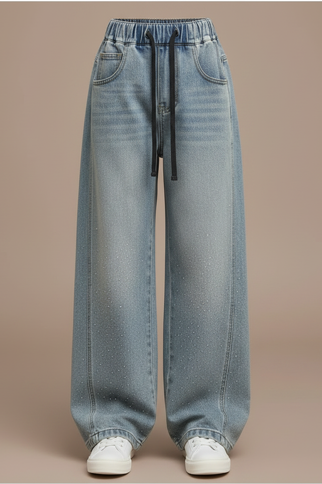 Pantalon Japonais Large Denim Strass Décontracté Fille - Bleu Jean - vue 3