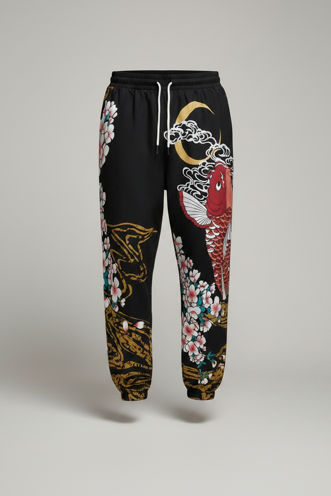 Pantalon Japonais Noir Carpe Sakura Jogger Streetwear Homme - Molleton - vue 3