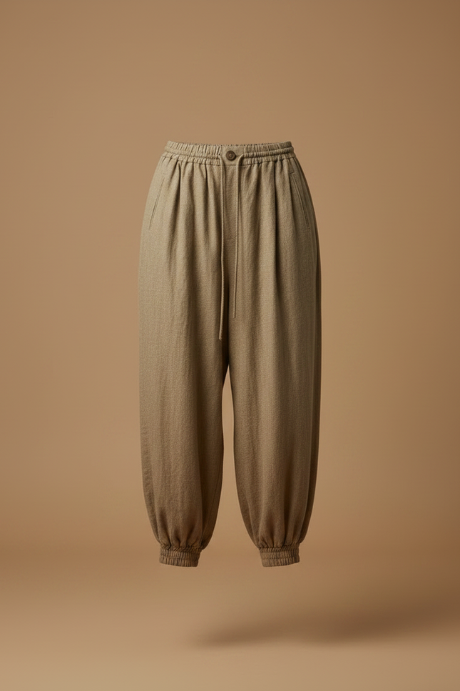 Pantalon Japonais Kaki Ample Lin Confortable Chevilles Élastiques - vue 3