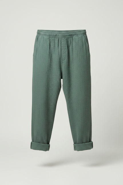 Pantalon Japonais Vert Ample Coton Texturé Confortable Homme - vue 3