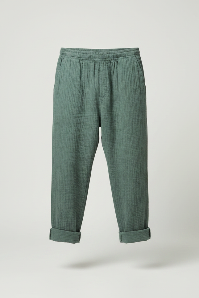 Pantalon Japonais Vert Ample Coton Texturé Confortable Homme - vue 3
