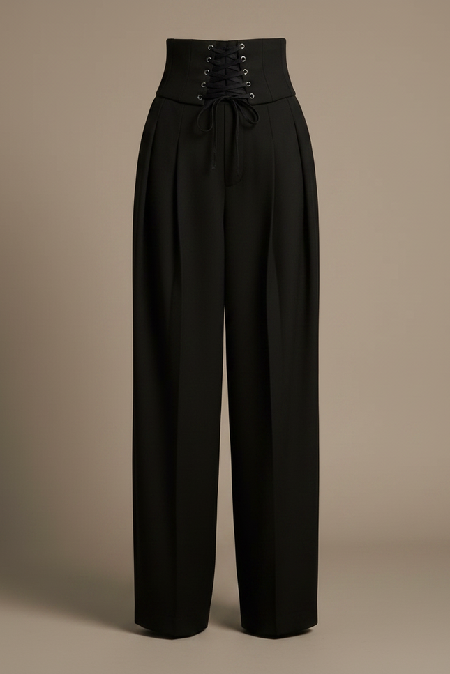 Pantalon Japonais Noir Ample Taille Haute Laçage Élégant - Polyester - vue 3