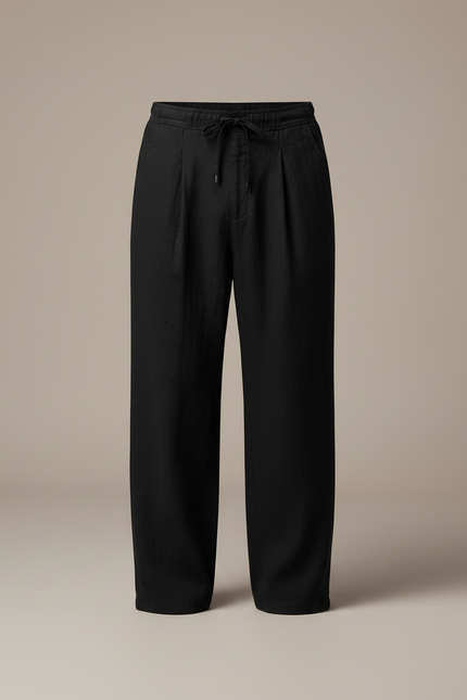 Pantalon Japonais Noir Fluide Ample Cordon Élégant - Lin - vue 3