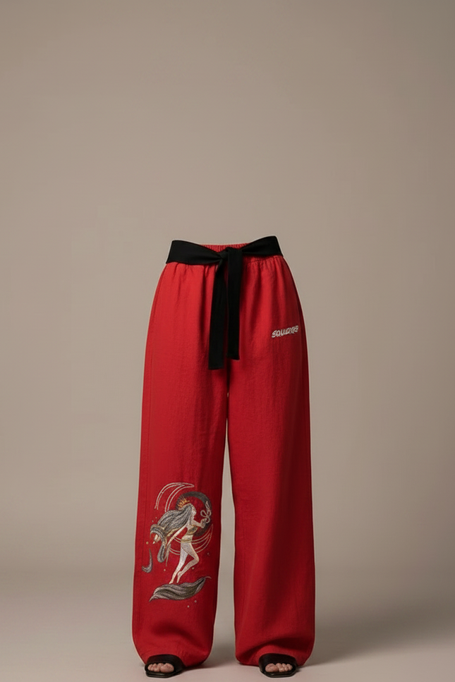 Pantalon Japonais Rouge Imprimé Ample Cordon Fluide - Lin - vue 3