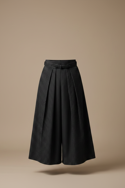 Pantalon Japonais Noir Rayé Plissé Ample Ceinturé - Gabardine - vue 3