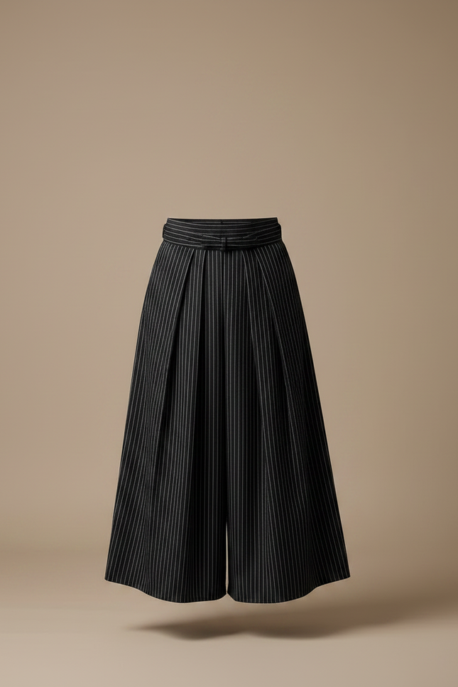 Pantalon Japonais Noir Rayé Plissé Ample Ceinturé - Gabardine - vue 3