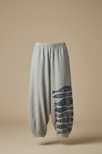 Pantalon Japonais Gris Ample Motifs Poissons Bohème - Lin - vue 3