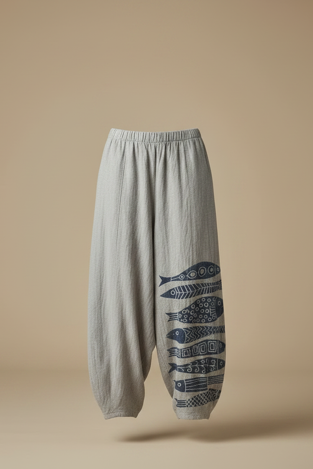 Pantalon Japonais Gris Ample Motifs Poissons Bohème - Lin - vue 3