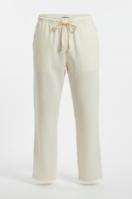 Pantalon Japonais Crème Lin Coton Ample Cordon - Beige - vue 3