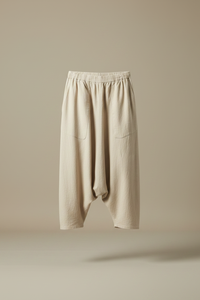 Pantalon Japonais Beige Ample Coton Lin Fluide - vue 3