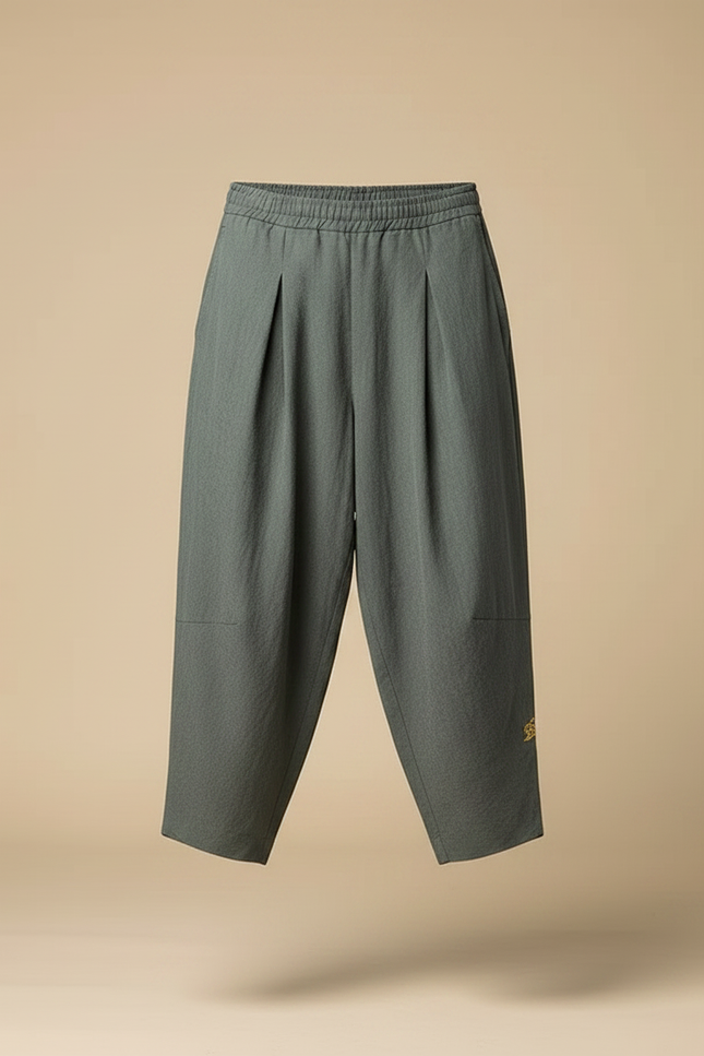 Pantalon Japonais Sarouel Ample Vert Brodé Coton - Lin - vue 3