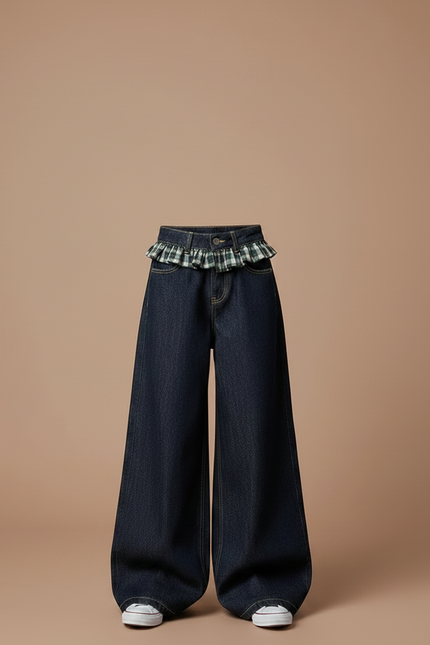 Pantalon Japonais Large Denim Plaid Fille Ample - Marine Jean - vue 3