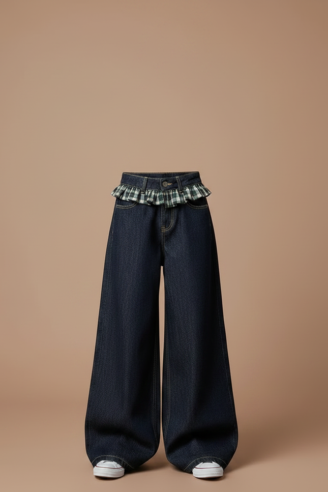 Pantalon Japonais Large Denim Plaid Fille Ample - Marine Jean - vue 3