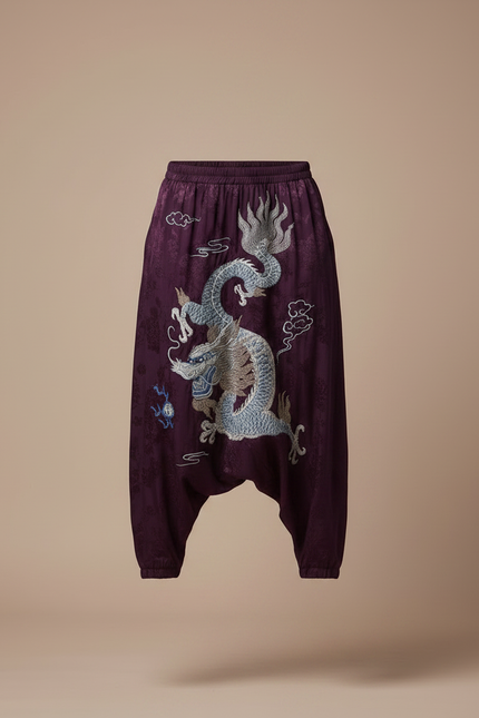 Pantalon Japonais Violet Satin Dragon Brodé Ample - vue 3
