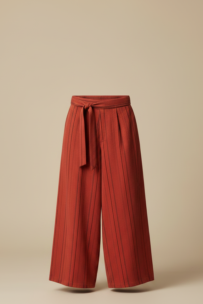 Pantalon Japonais Ample Rayé Coton Ceinturé Marron - Gabardine - vue 3