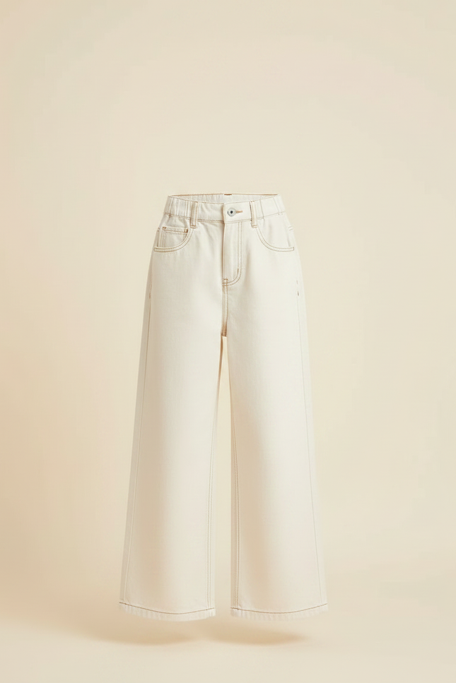 Pantalon Japonais Large Écru Coton Taille Haute Fille - Beige - vue 3
