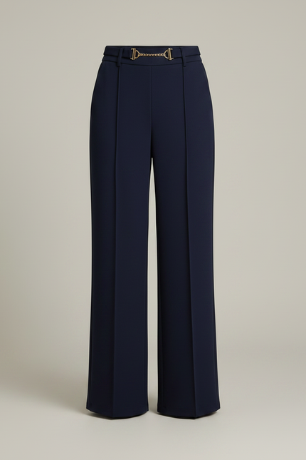 Pantalon Japonais Bleu Marine Fluide Élégant Ceinture Métal - Polyester - vue 3