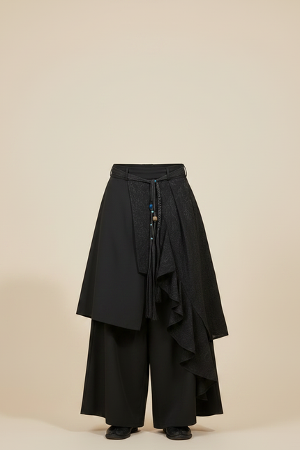 Pantalon Japonais Noir Ample Texturé Superposé Original - Polyester - vue 3
