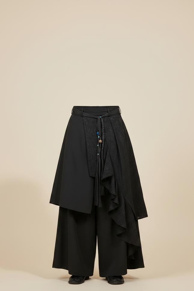 Pantalon Japonais Noir Ample Texturé Superposé Original - Polyester - vue 3
