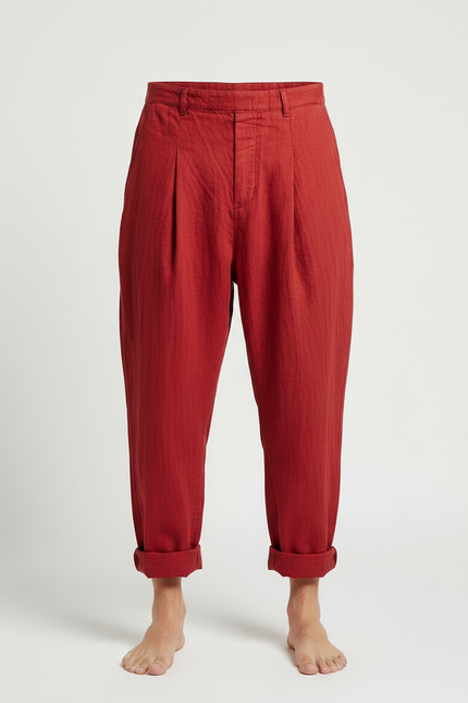 Pantalon Japonais Rouge Ample Lin Plissé Confortable - vue 3