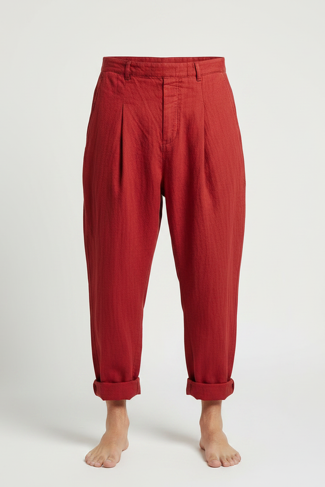 Pantalon Japonais Rouge Ample Lin Plissé Confortable - vue 3