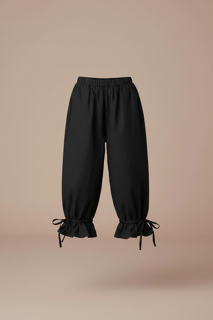 Pantalon Japonais Noir Fluide Ample Volants Fille - Lin - vue 3