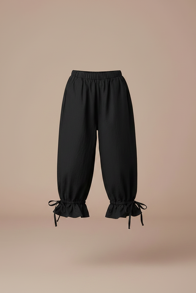Pantalon Japonais Noir Fluide Ample Volants Fille - Lin - vue 3