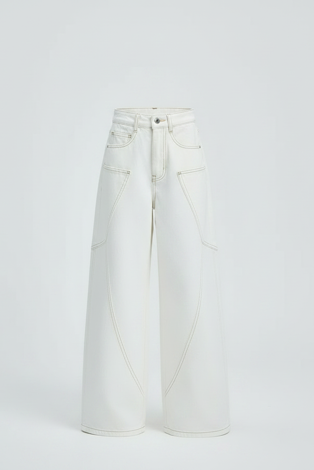 Pantalon Japonais Blanc Ample Coutures Contrastantes Fille - Jean - vue 3