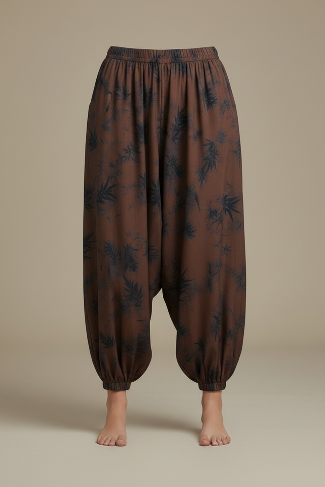 Pantalon Japonais Sarouel Marron Imprimé Bambou Femme - Viscose - vue 3