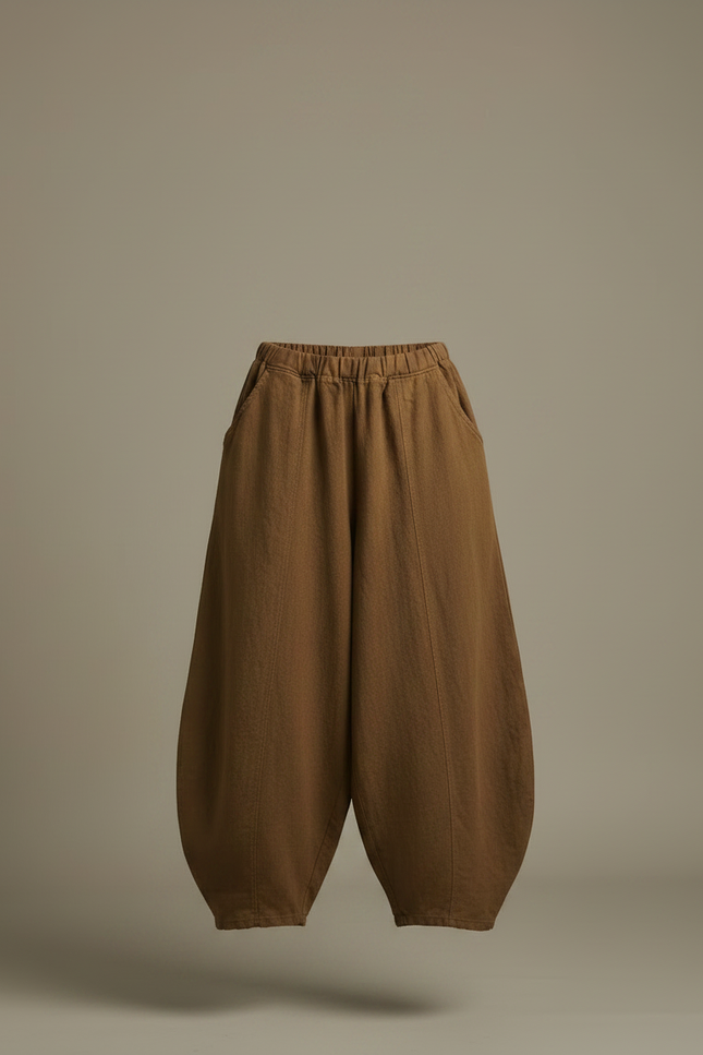 Pantalon Japonais Ample Lin Coton Marron Fluide - vue 3