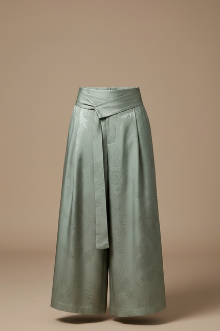 Pantalon Japonais Vert Ample Jacquard Dragon Vintage Homme - Satin - vue 3