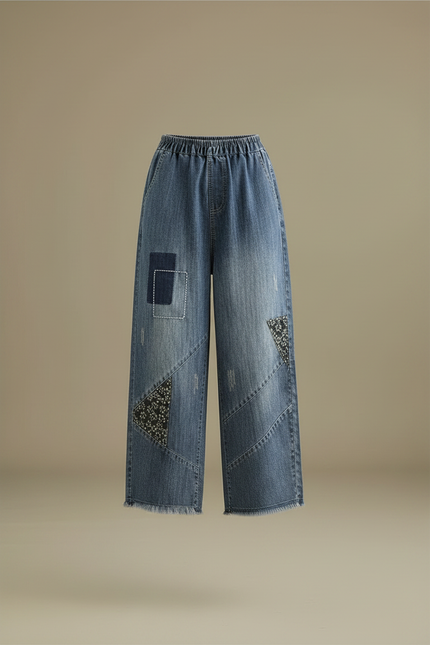 Pantalon Japonais Denim Ample Brodé Patchwork Femme - Bleu Jean - vue 3