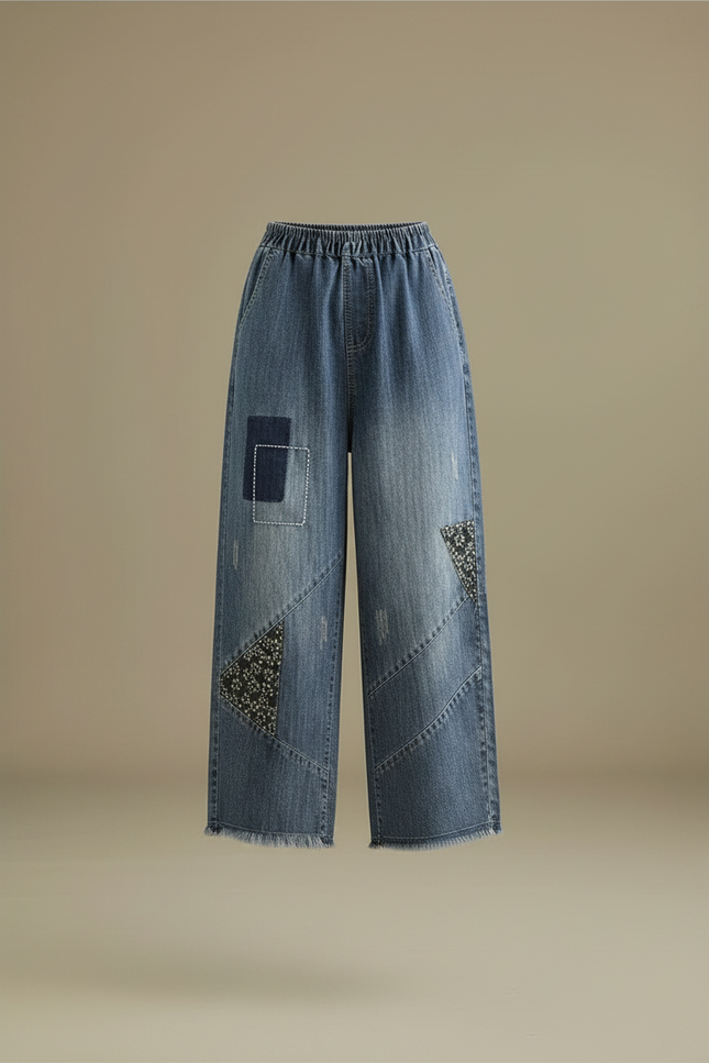 Pantalon Japonais Denim Ample Brodé Patchwork Femme - Bleu Jean - vue 3