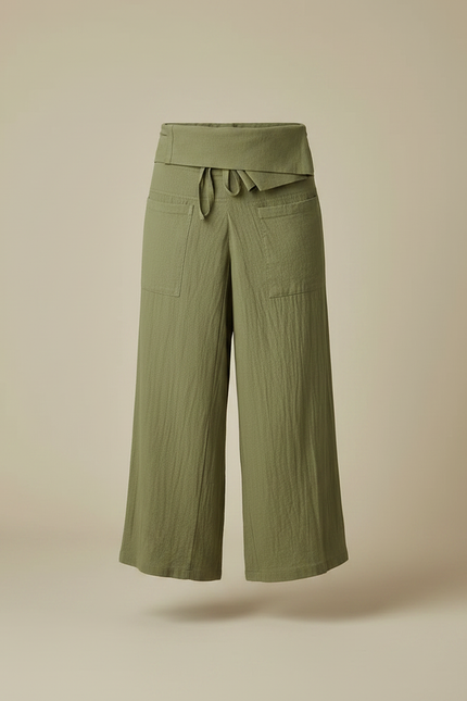 Pantalon Japonais Vert Ample Lin Coton Fluide - Kaki - vue 3