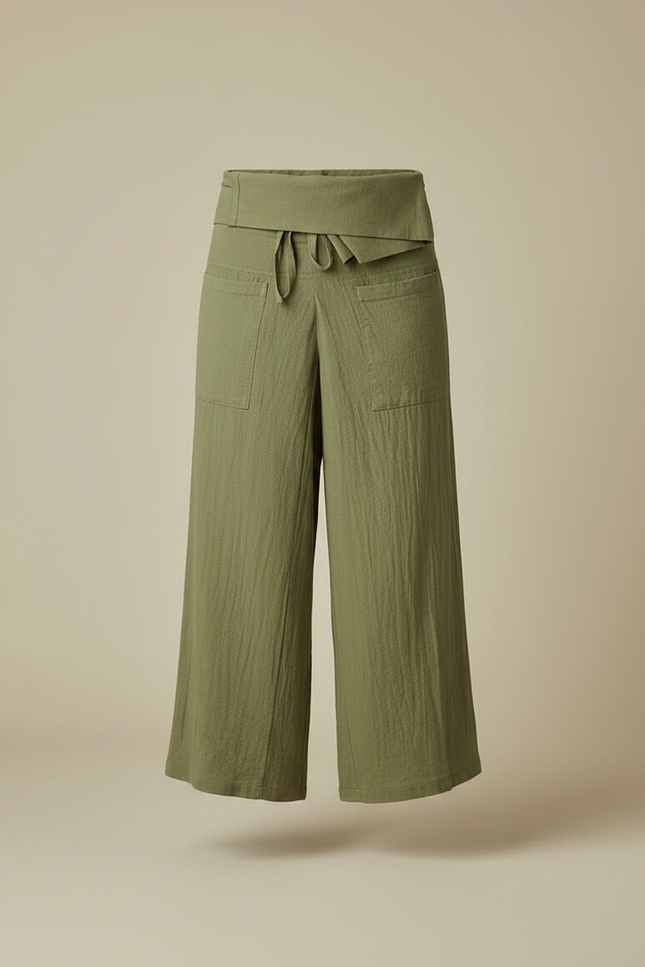 Pantalon Japonais Vert Ample Lin Coton Fluide - Kaki - vue 3
