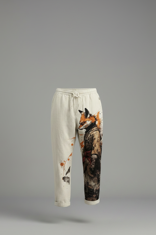 Pantalon Japonais Lin Ample Imprimé Renard Streetwear Homme - Beige - vue 3
