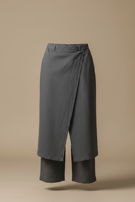 Pantalon Japonais Gris Asymétrique Coton Ample Moderne - vue 3