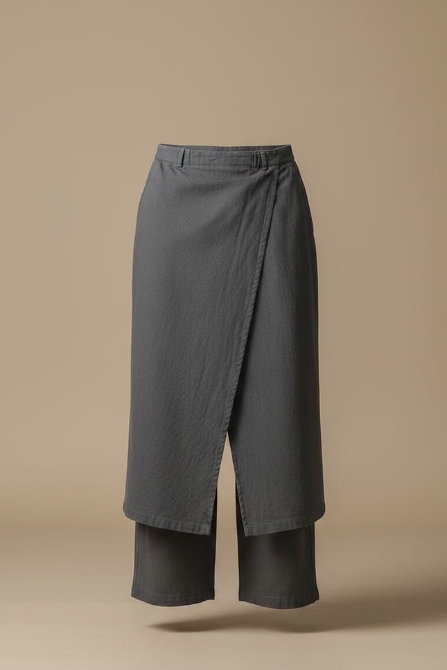 Pantalon Japonais Gris Asymétrique Coton Ample Moderne - vue 3