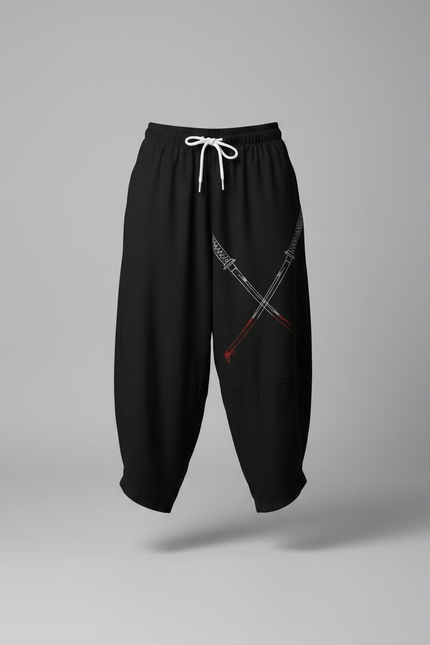 Pantalon Japonais Noir Ample Fluide Samouraï Épées - Polyester - vue 3