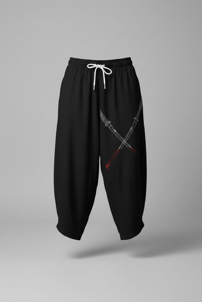 Pantalon Japonais Noir Ample Fluide Samouraï Épées - Polyester - vue 3