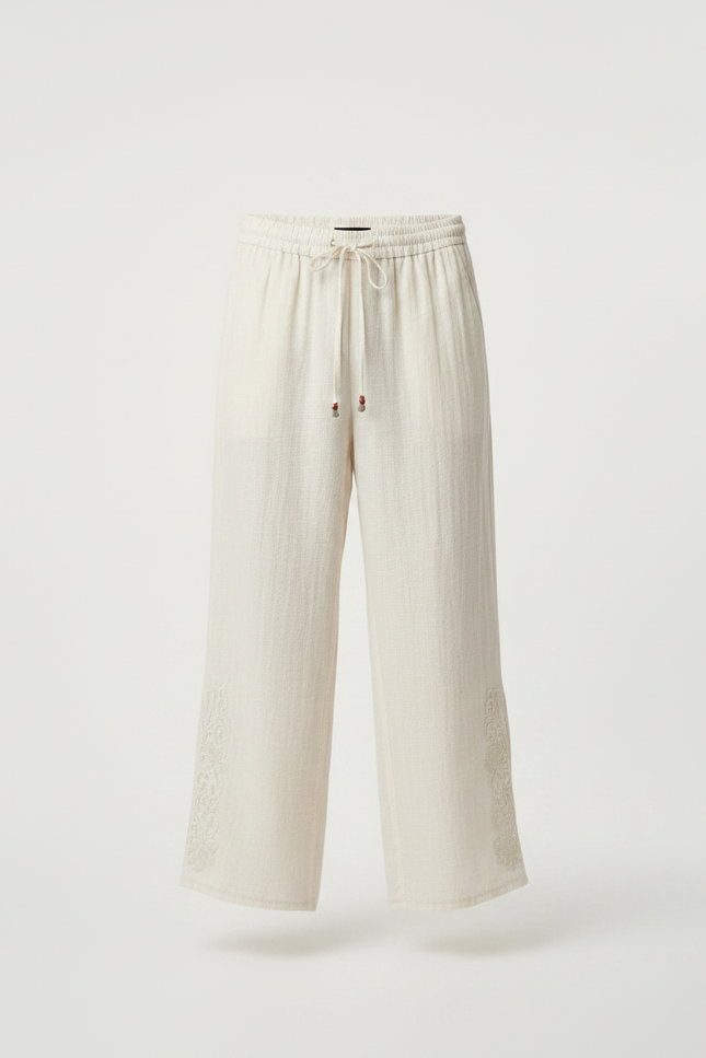 Pantalon Japonais Beige Ample Lin Brodé Ethnique Décontracté - vue 3
