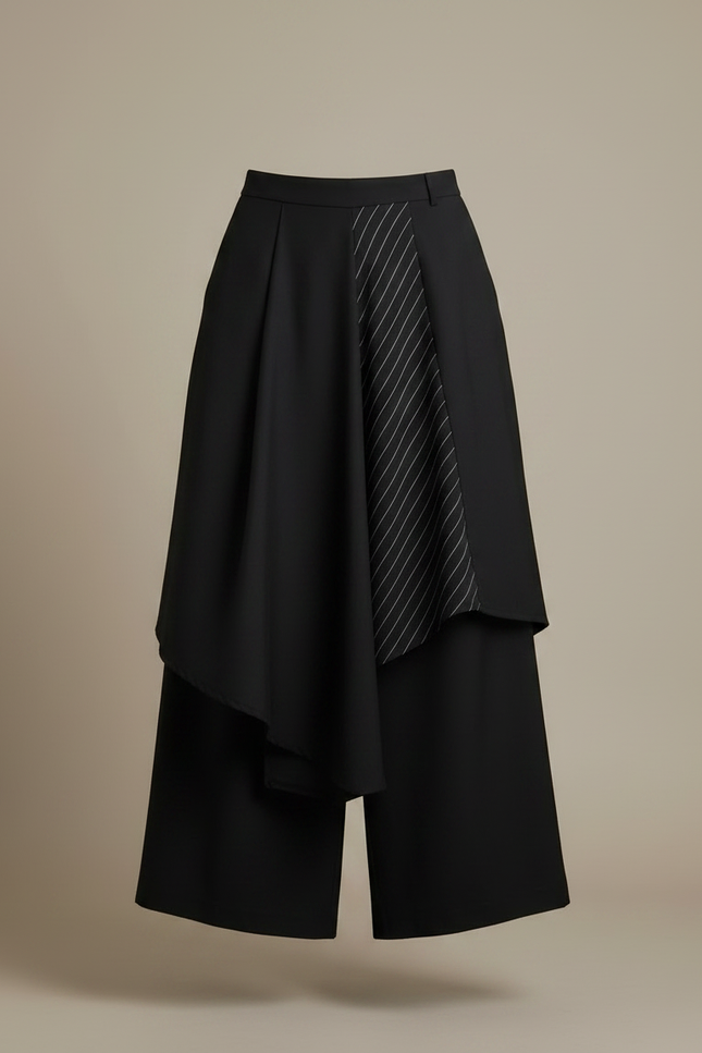 Pantalon Japonais Noir Asymétrique Plissé Rayé Large - Polyester - vue 3