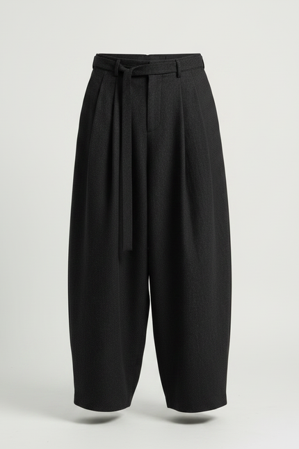 Pantalon Japonais Large Ceinturé Gris Sombre Fluide Homme - Laine - vue 3