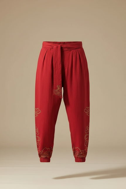 Pantalon Japonais Rouge Ample Coton Brodé Nuages - vue 3