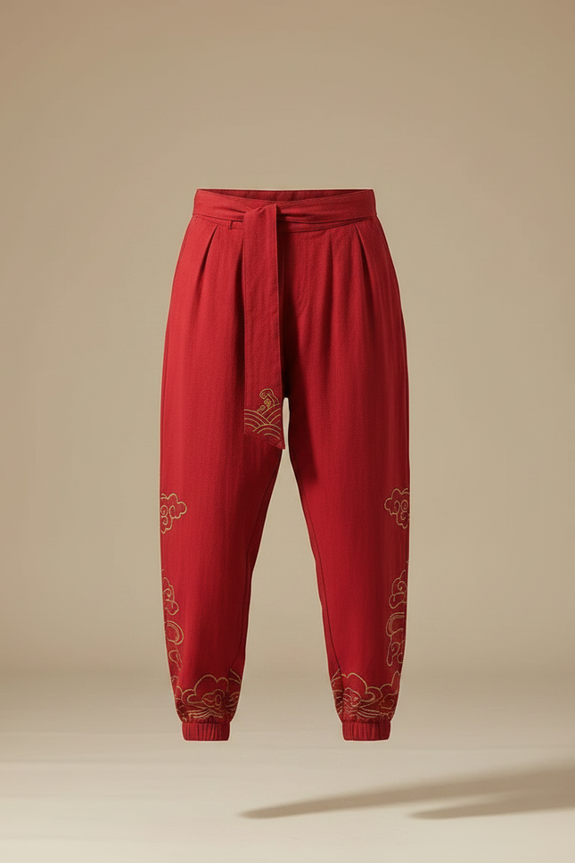 Pantalon Japonais Rouge Ample Coton Brodé Nuages - vue 3