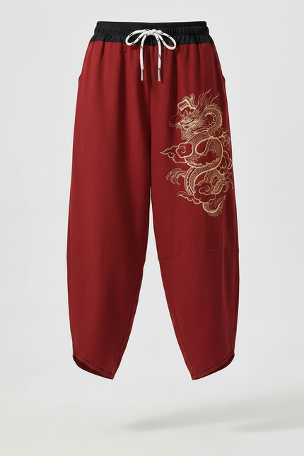 Pantalon Japonais Rouge Ample Dragon Brodé Fluide - Bordeaux Lin - vue 3
