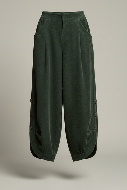 Pantalon Japonais Vert Côtelé Ample Décontracté Boutons - Cordé - vue 3