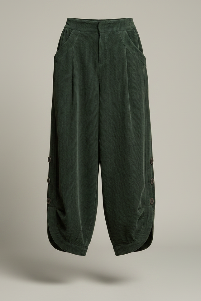 Pantalon Japonais Vert Côtelé Ample Décontracté Boutons - Cordé - vue 3